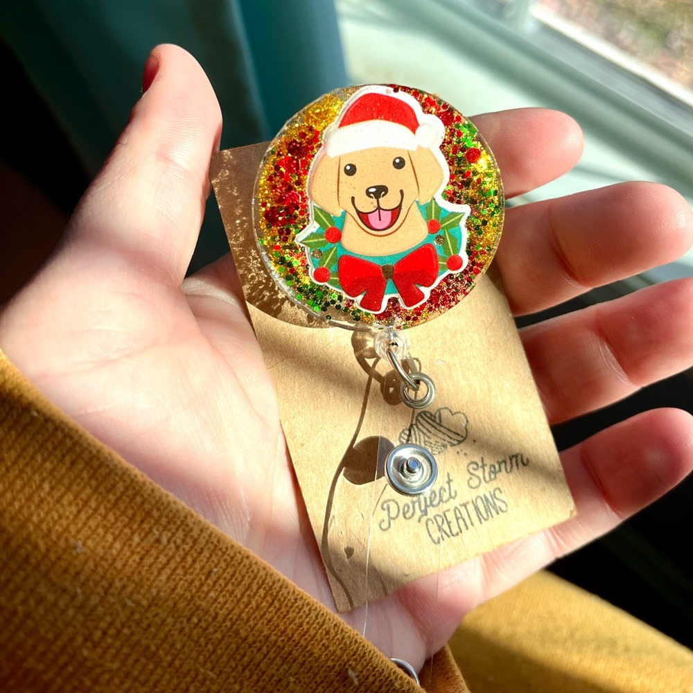 Holiday Yellow Lab Dog Handmade Resin Badge Reel